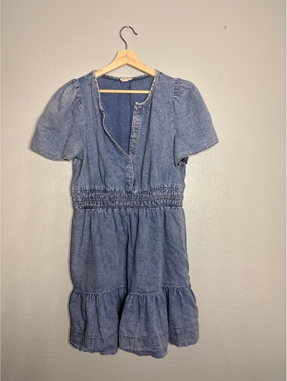 Pilcro Anthropologie denim dress smocked elastic waist pockets neck
